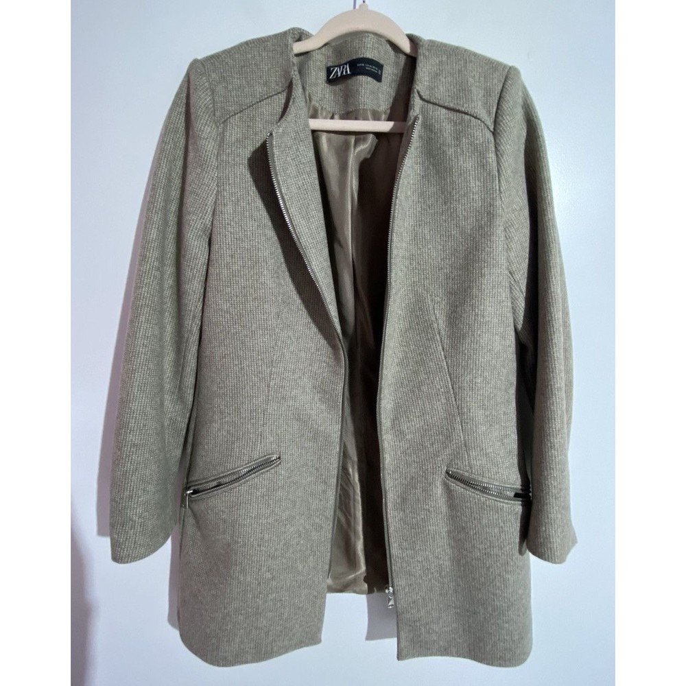 Zara Blazer Jacket XL Taupe Wool? Zipper Frock Houndstooth Corpcore Old Money